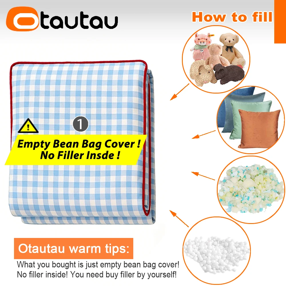 OTAUTAU Children Bean Bag Lounger Cover Soft Pure Cotton Grid Pouf Beanbag Cover SF639【No Filler!Please Buy Filler Yourself!】