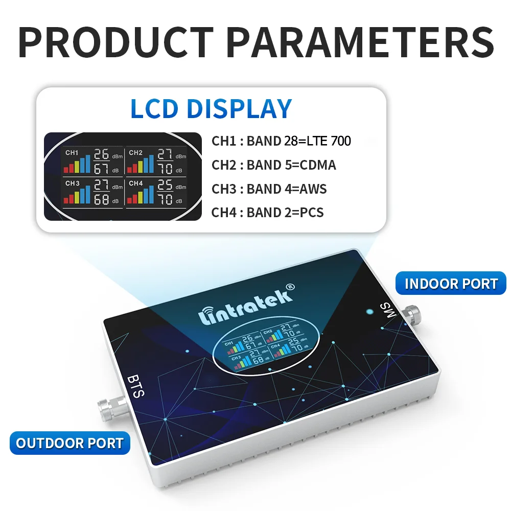 Lintratek Cellular amplifier 4 band mobile network booster 4g 5g Cellphone Signal Booster LTE B28 700 CDMA PCS AWS 1700/2100Mhz