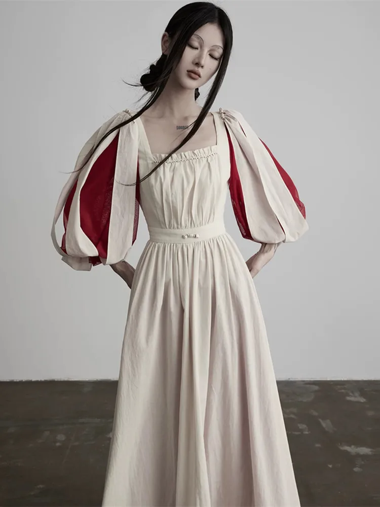 112-120cmBust Women Vintage Greek Goddess Elegant White Maxi Dress with SquareNeck LanternSleeves Cinched Waist Flowy Party Gown