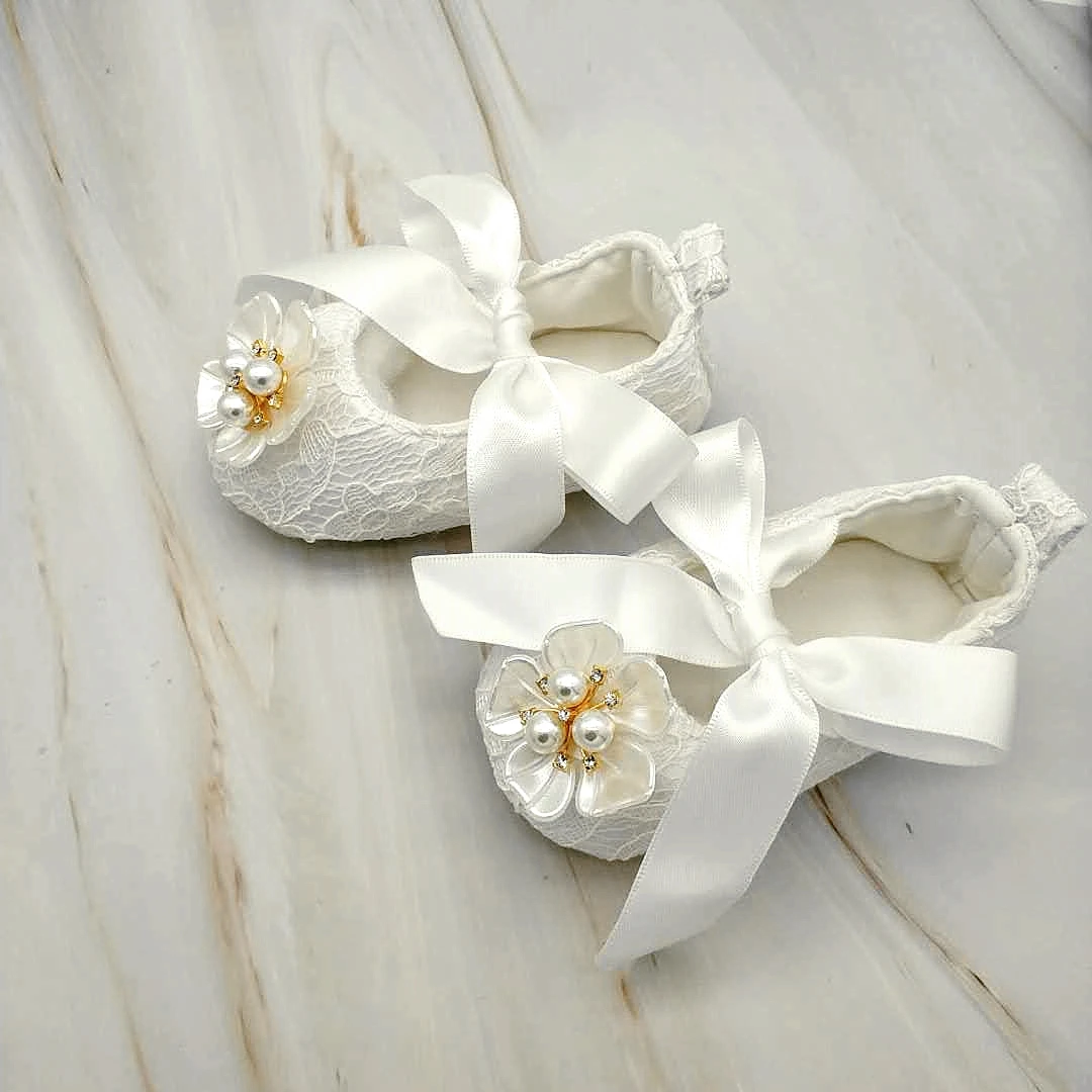 Dollbling Baptism Pearls RIbbon Baby Girl Shoes Christening White Flower Handmade Newborn Princess Infant Wedding Anti-Slip Crib