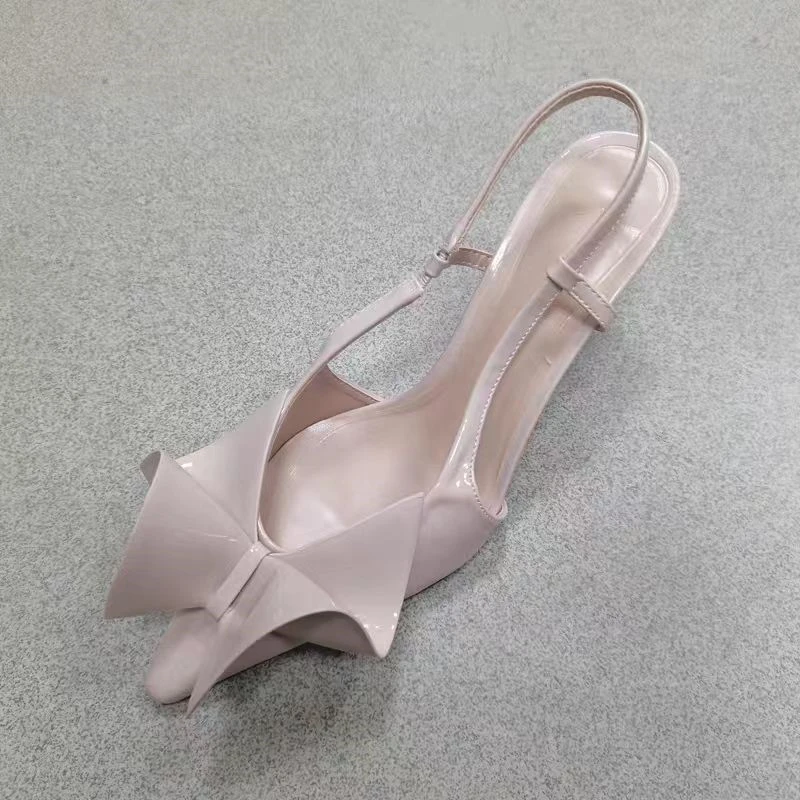 Chic Bow Beige Stilettos Slingbacks Pumps Women Point Head Mid Thin Heels Sandals Summer Versatile Elegant Shoes For Woman New