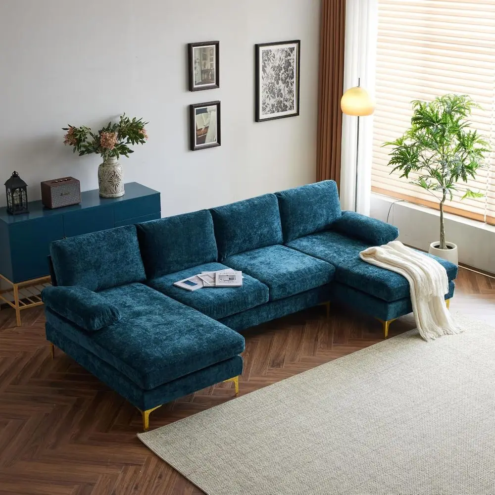 

Sectional Sofa 110 U-Shape Sofa Couch 4-Seat Couch with Chaise Chenille Fabric Upholstered for Living Room, Apartment, Office, P