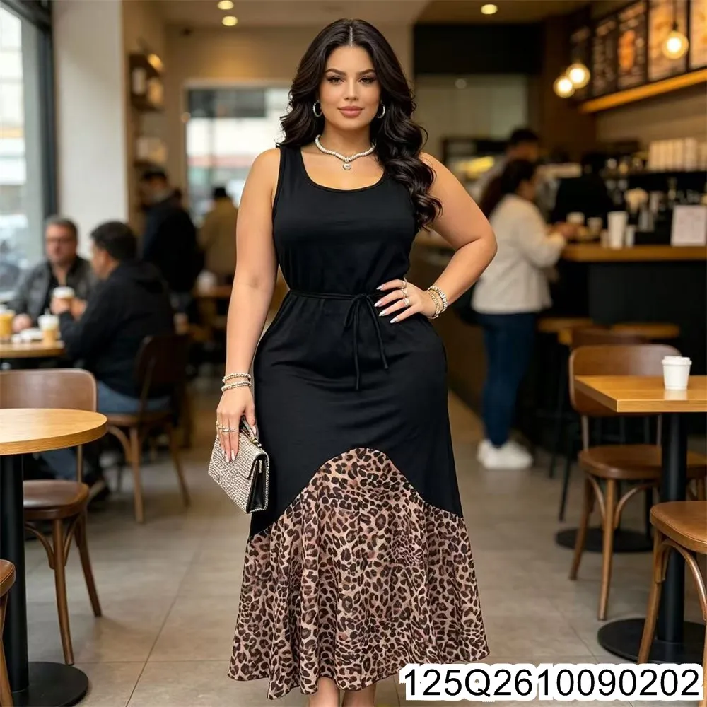 2026 New Plus-size Women's Dress with Leopard Print Patchwork, White Drawstring Slimming and Elegant Dress 125Q26100902