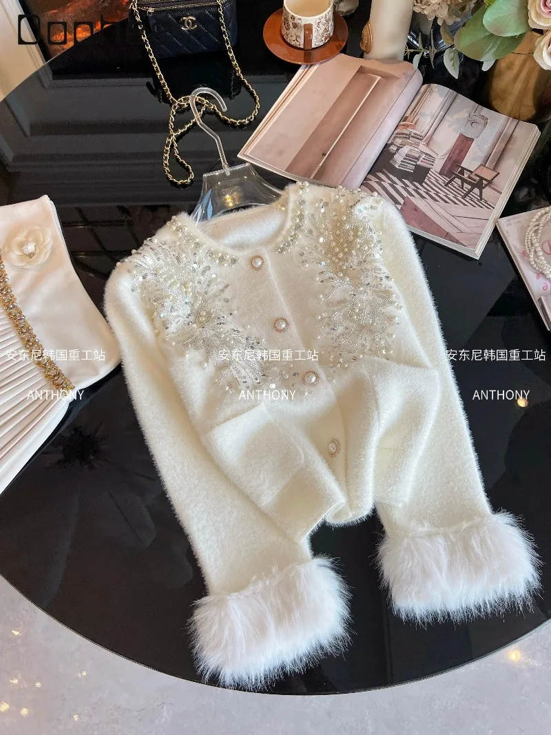 Kardigan Pendek Mewah Prancis Berpayet, Bordir Berat, Berhiaskan Batu Rhinestone, Lengan Panjang, Elegan, untuk Wanita Sosialita, Warna Putih