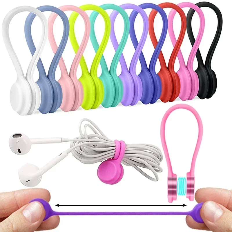 Multicolor Reusable Magnetic Silicone Cable Ties Flexible Wire Organizer Straps for Charging Earphone Cords Desk Home Storage