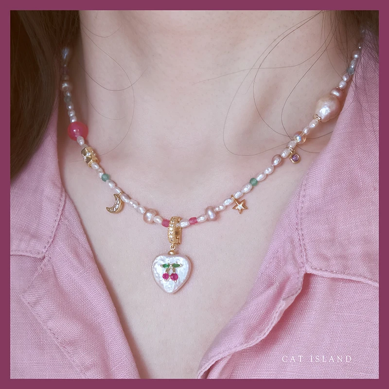 Y2K Original Design Natural Pearl Handmade Cherry Heart Necklace Removable Dopamine