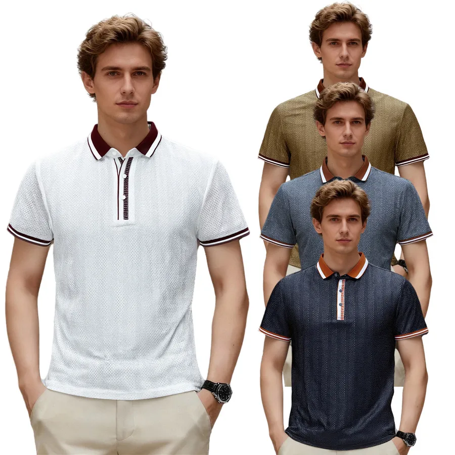 New Summer Men's Fashionable Contrast Placket With Letter Print Design Polos Casual Texture Slim Fit Short Sleeved Polo Shirt