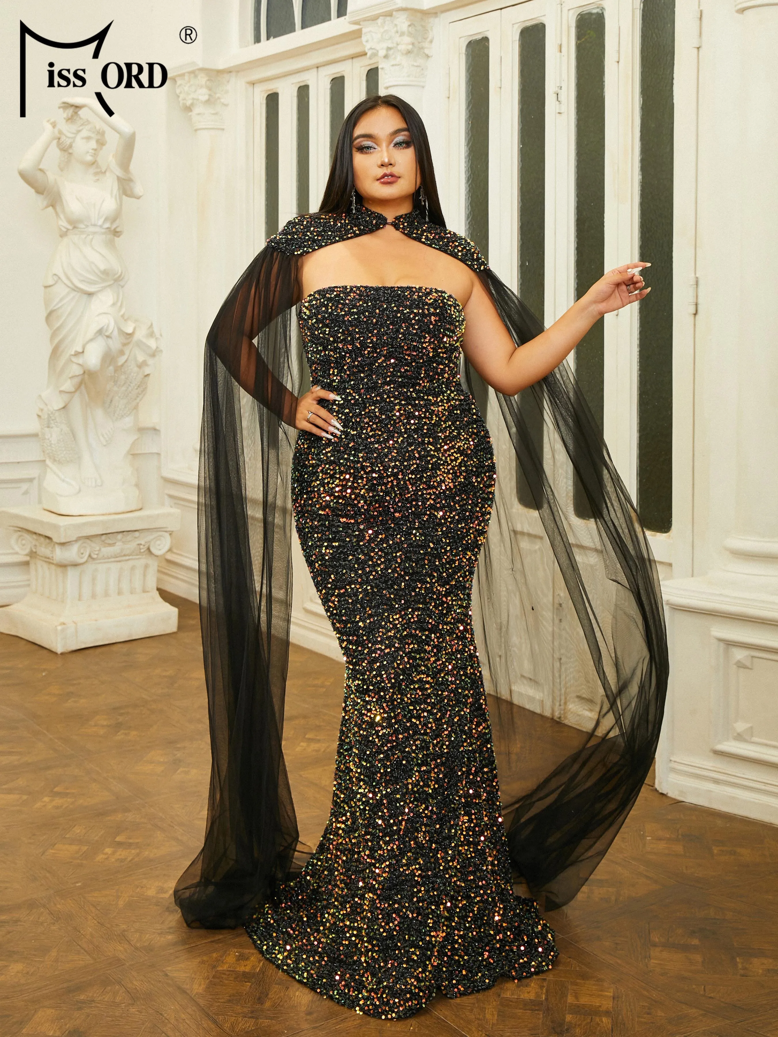 Missord New Plus Size Elegant Party Dresses For Women 2023 Black Strapless Sequin Mermaid Evening Formal Occasion Dresses