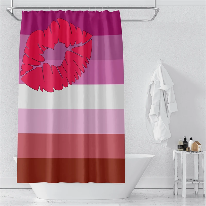 Gaslight Gatekeep Girlboss Kiss Lipstick Lesbian Pride Flag Shower Curtain Set with Grommets and Hooks for Bathroom Decor