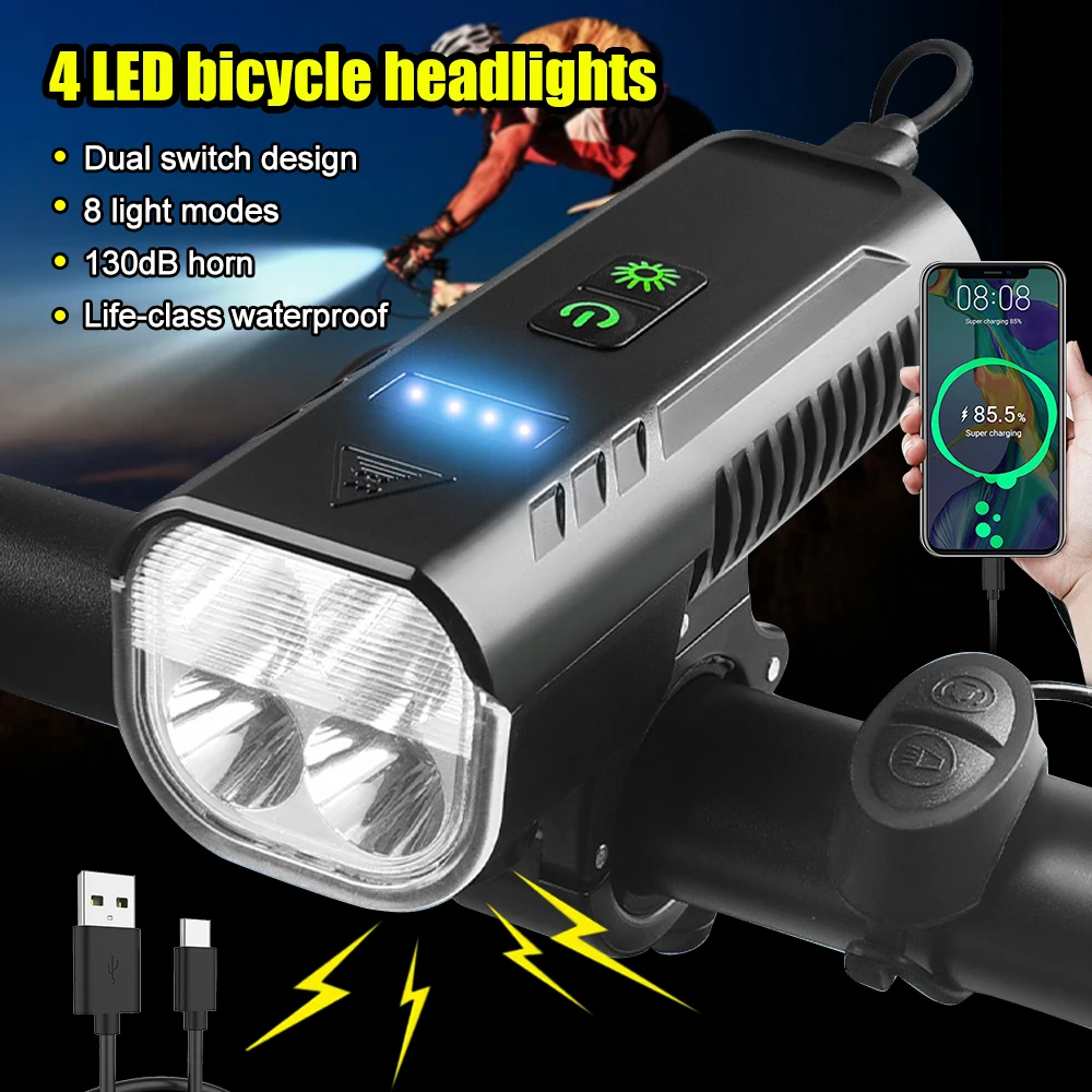 

4 LED USB Front Bike Headlight 8 Modes Dual Switch Bicycle Light 2 in 1 MTB Cycling Lamp 130dB Horn Built-in 5000mah Battery