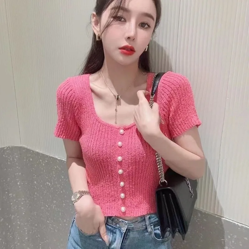 

Top Women's Summer Crew Neck Ice Silk Knit Short Sleeve T-Shirt Designer Style Cropped New Comfortable Minimalist Casual Niche