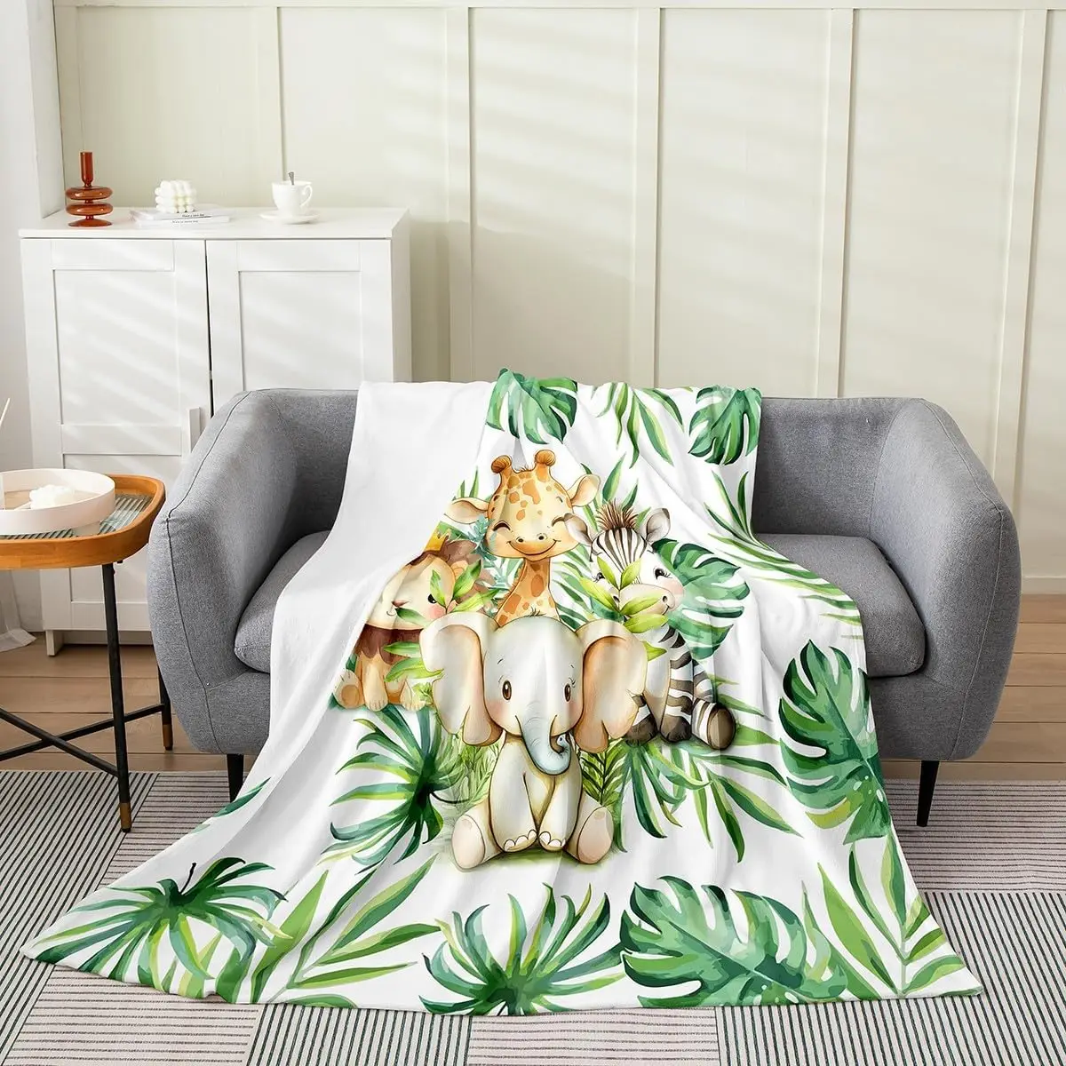 Zoo Animal Flannel Throw Blanket x Jungle Animals Fleece for Couch Bed Tropical Palm Leaves Fuzzy Blanket for Kids Girls Women T