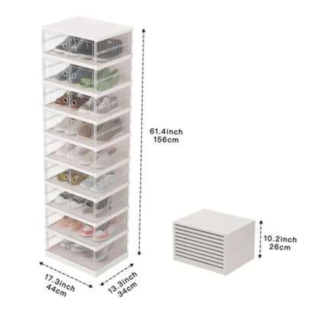 9 Tier Foldable Shoe Cabinet Storage Organizer Holds 36 Pairs Clear Plastic Collapsible Stackable Shoe Boxes Large Capacity Portable Closet Shelving Unit for Hallway Entryway Living Room Bedroom Dorm view 3