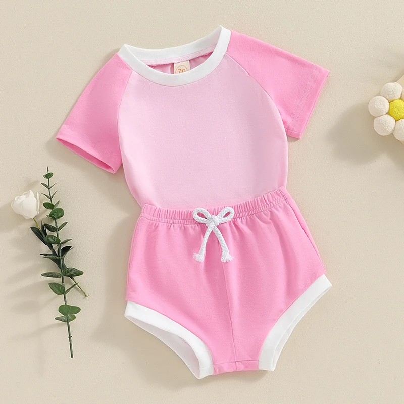 

Newborn Baby Girl Summer Clothes Short Sleeve Color Block T Shirt Elastic Waist Shorts Set 2Pcs Girls Outfits