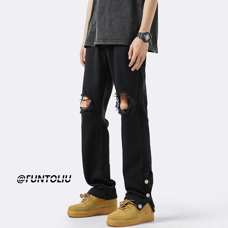 

Черные мужские джинсы прямого кроя с эффектом потертости, винтажные, ретро, на пуговицах, в стиле High Street, летние, модные, износостойкие, облегающие