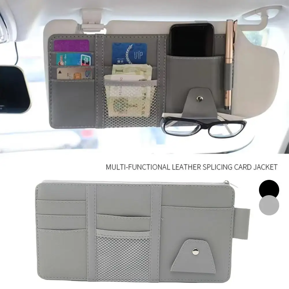 Organizador multifuncional para parasol de coche, gafas de cuero PU, billete con cremallera/tarjeta de visita/bolsa de identificación sin bloqueo de visión para SUV/T B0V2