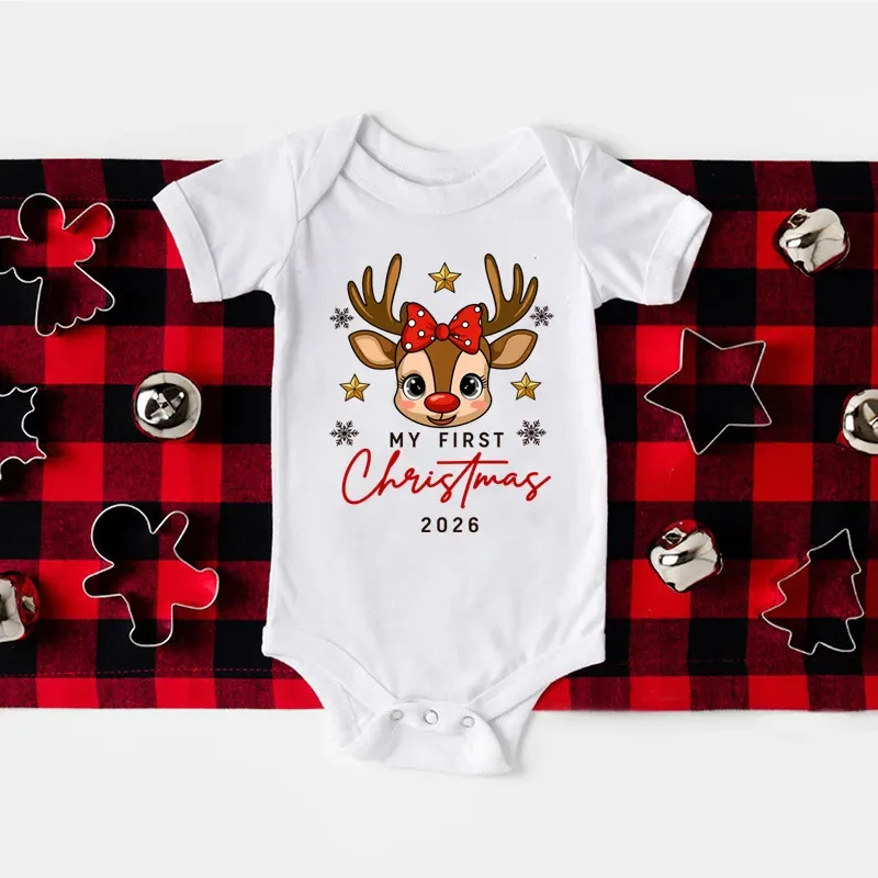 My First Christmas 2026 Baby Bodysuit Reindeer Bow Print Short Sleeve Cotton Newborn Romper Infant Christmas Outfit Xmas Gift
