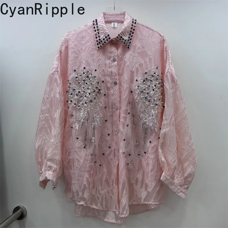 New Spring Summer Loose Women Cardigans Top Diamonds Wings Beads Long Sleeve Shirt All-match Turn-down Collar Female Blouses