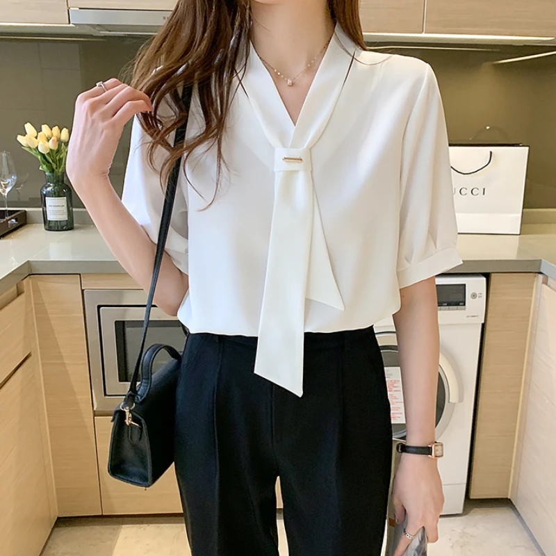 Chiffon Shirts for Women 2025 Summer Female Clothing Short Sleeved Blouse Fashion Bow Unique Women‘s Blouses White Shirt Women
