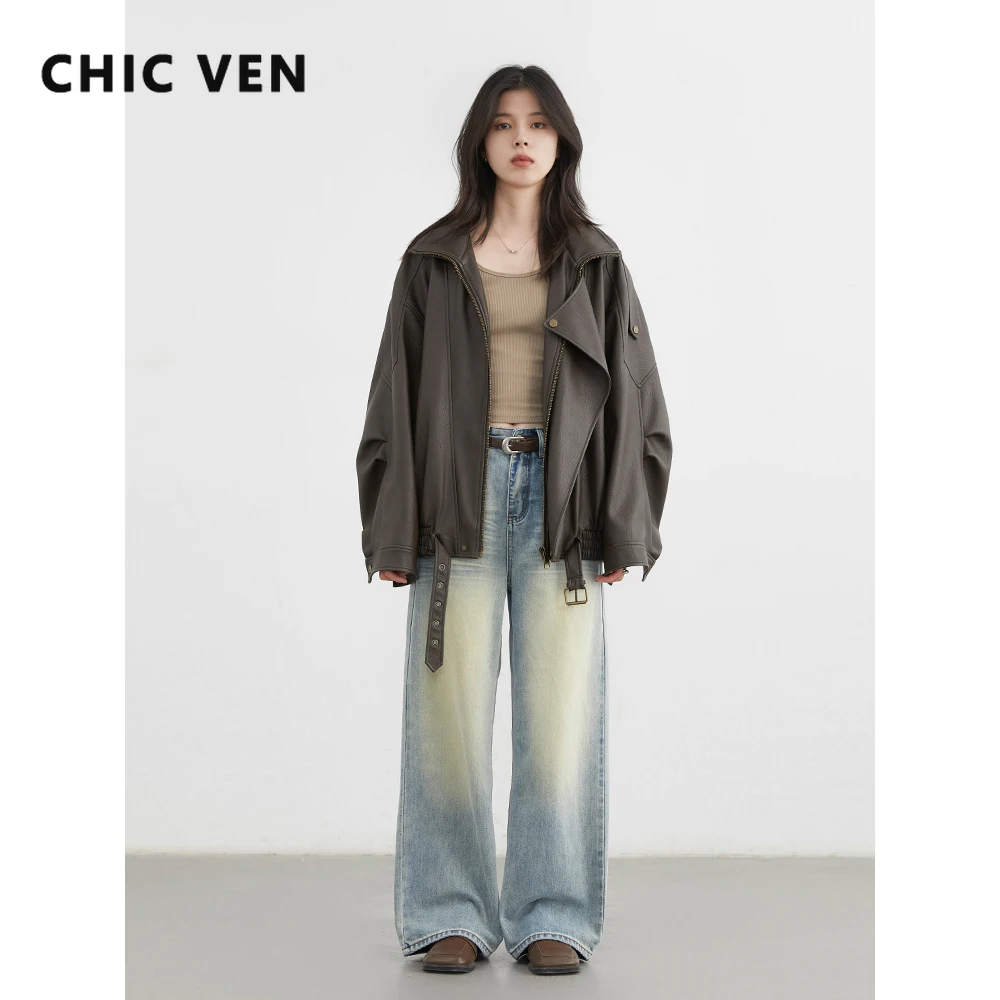 

Женские джинсы CHIC VEN, модные повседневные свободные хлопковые джинсовые брюки в стиле ретро, женские потертые синие брюки, весна-осень 2025