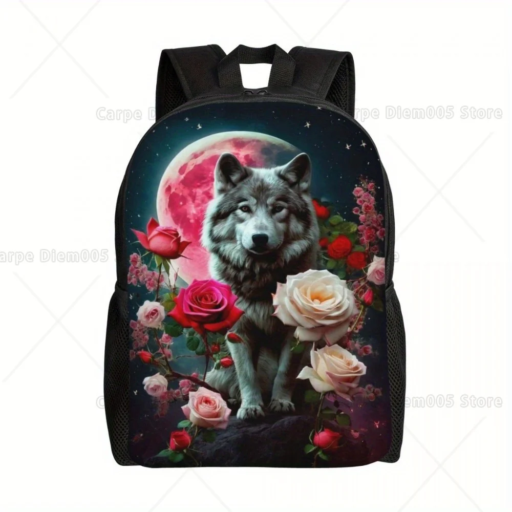 

Romantic Flower Wolf Print Casual Backpack Travel Backpack for Men and Women, Lightweight Computer Laptop Bag Back To School