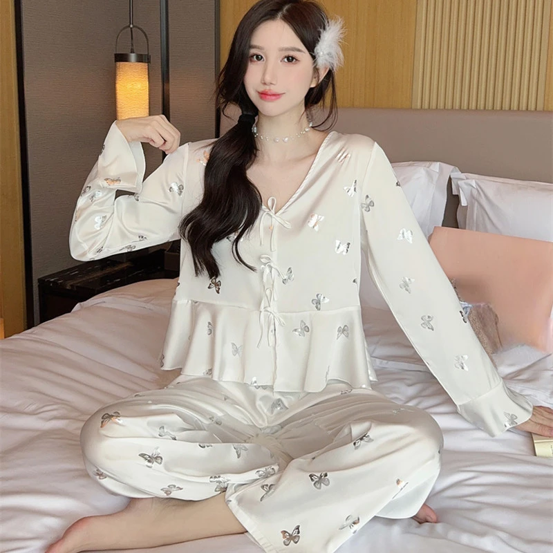 Pajamas Set V-Neck Women Sleepwear Nightwear Lingerie Spring Satin Long Sleeve Shirt&pants PJS Sleep Suit butterfly Home Clothes