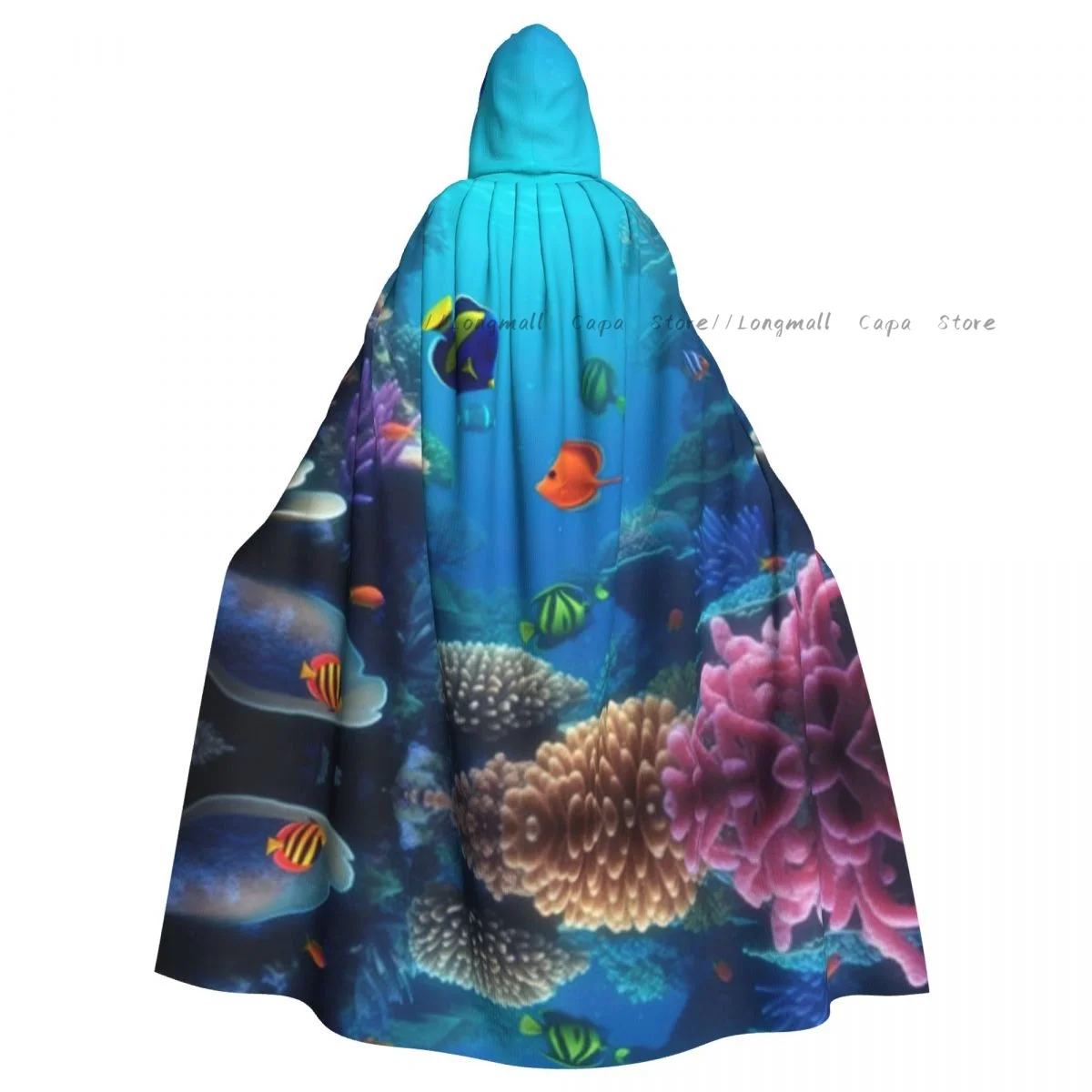 

Underwater World With Tropical Fish Cloak Hooded Cosplay Costume Halloween Adult Long Party Cape