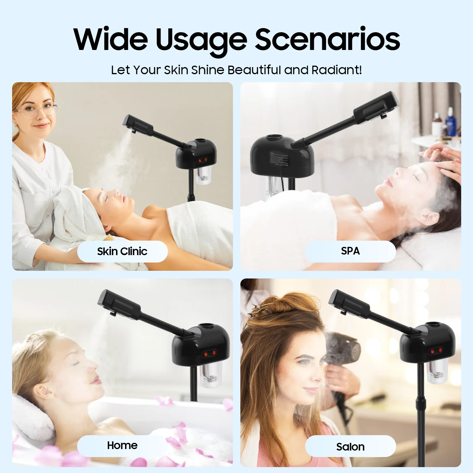 Home Facial Steamer, Standing Hot Mist Beauty Device, Ozone & Negative Ion Steam, Deep Cleansing & Hydration, with Casters Salon