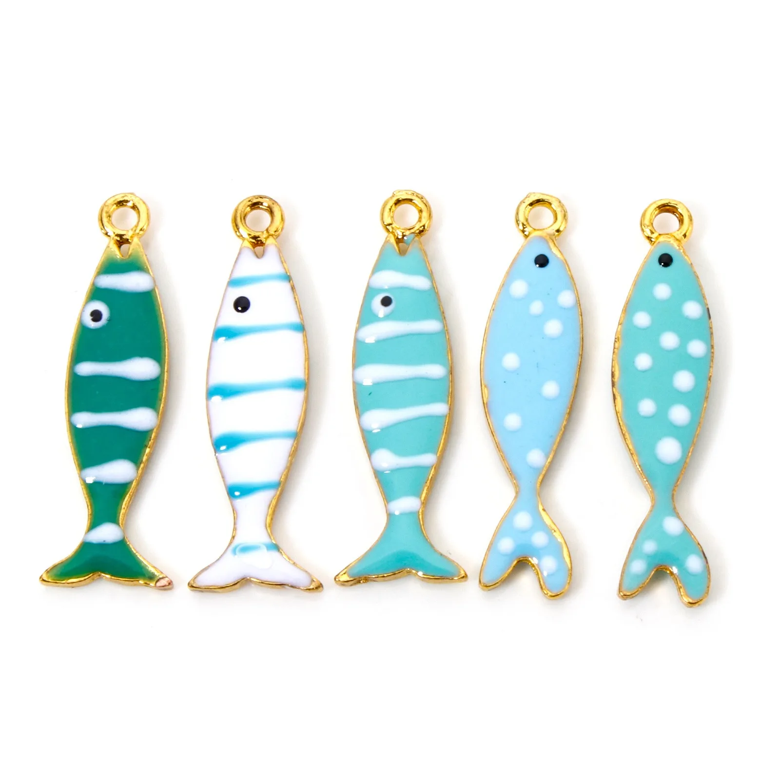 5 Stück Fisch, blau, grün, emaillierte Pailletten, Charms, Zinklegierung, Tieranhänger, DIY-Halskette, Ohrringe für Frauen, Schmuckzubehör – Detail 2