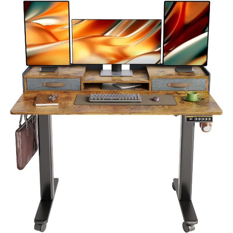 

Rustic Brown 2-Tier Adjustable Electric Standing Desk, 48 inch, Modern Design with 2 Drawers, Felt Fence, Hook, for Office