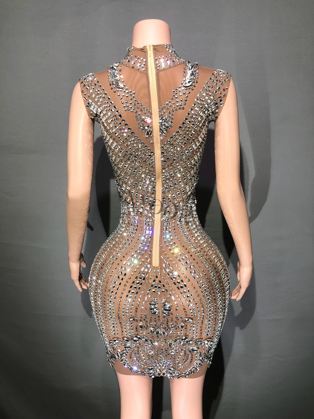 Luxurious Full Rhinestones Short Dress for Women Evening Prom Celebrate Dress Sexy Mesh Transparent Singer Show Stage Wear
