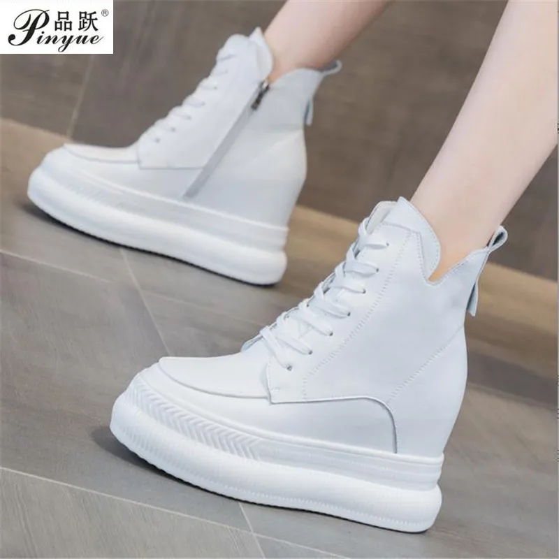 

Women Casual Boots Spring Autumn Winter Booties Motorcycle Female Shoes 10cm Genuine Leather Platform Wedge Hiden Heels