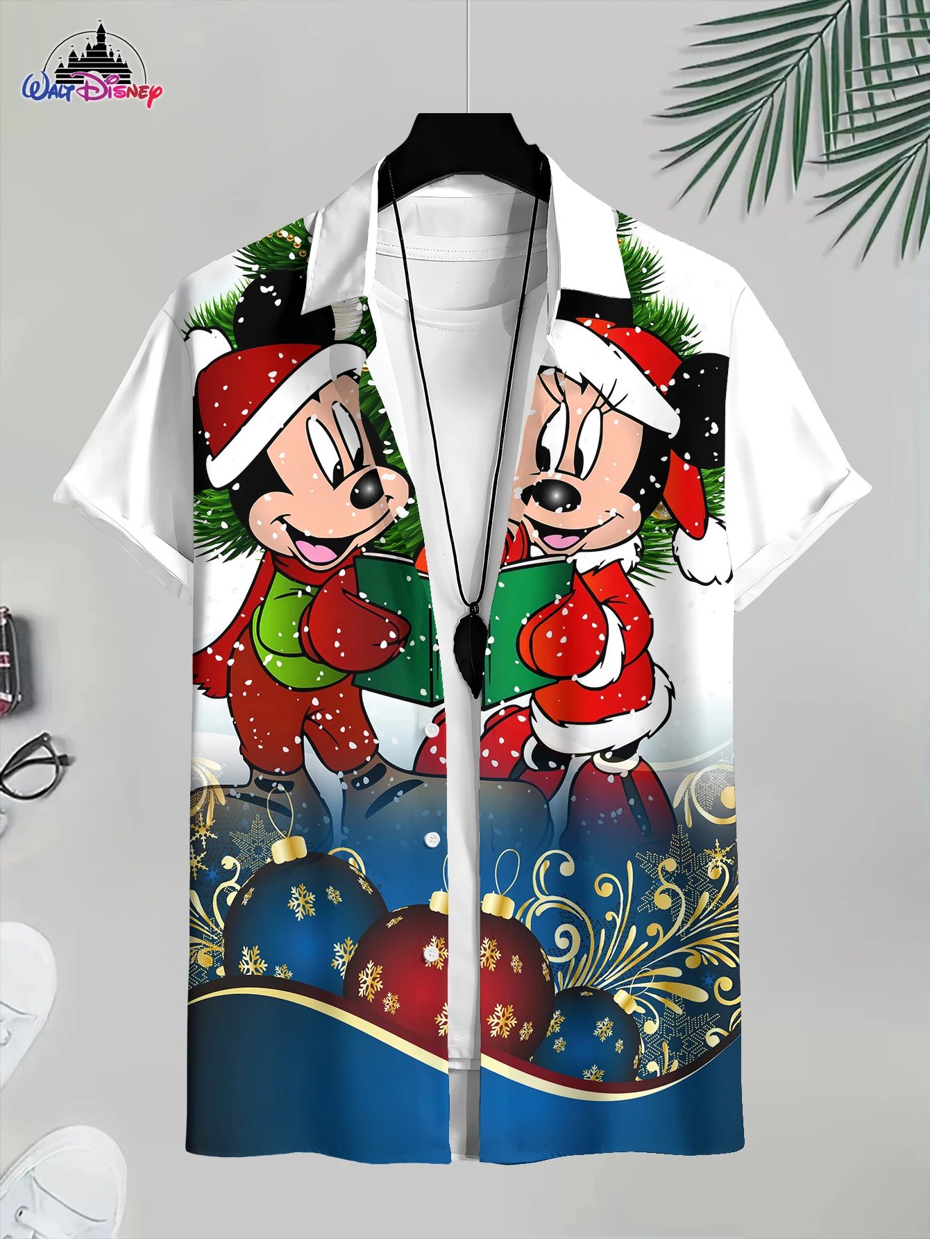 New Arrival 3D Print Disney Mickey & Minnie Shirt: Christmas Carol Graphic Button - Down