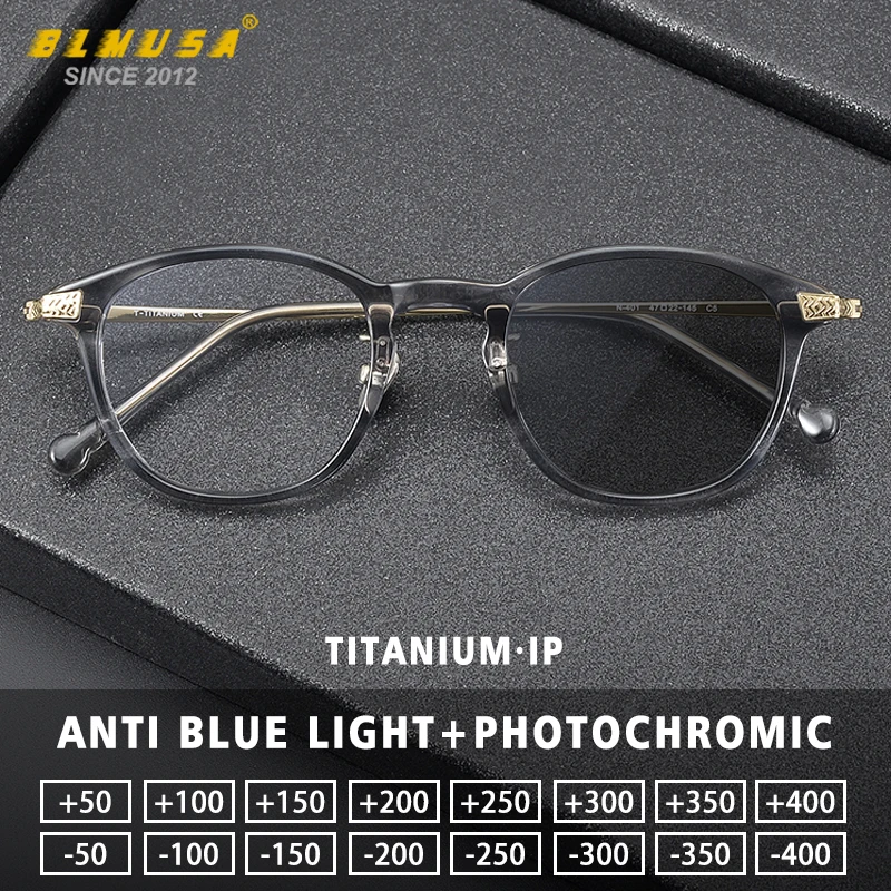 

BLMUSA Retro Pure Titanium Prescription Myopia Hyperopia Eyewear Acetate Anti Blue Light Photochromic Round Reading Glasses