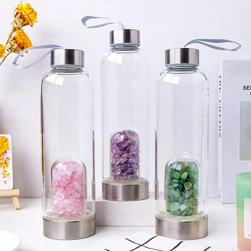 天然水晶石エネルギーカップ 304ステンレス鋼ガラス製水筒 高ホウケイ酸ガラス製水カップ 蓋付き ロープ付き