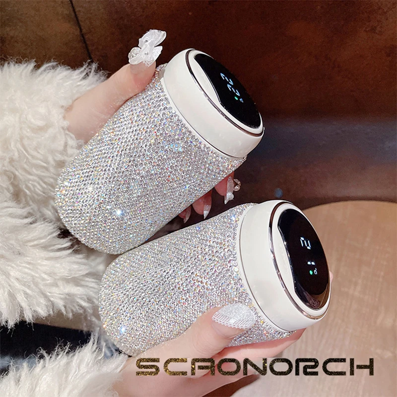 300ml Bling Rhinestones Coffee Cup Car Tumbler Vacuum Flasks Temperature Display Thermos Bottle Stainless Steel Water Bottle