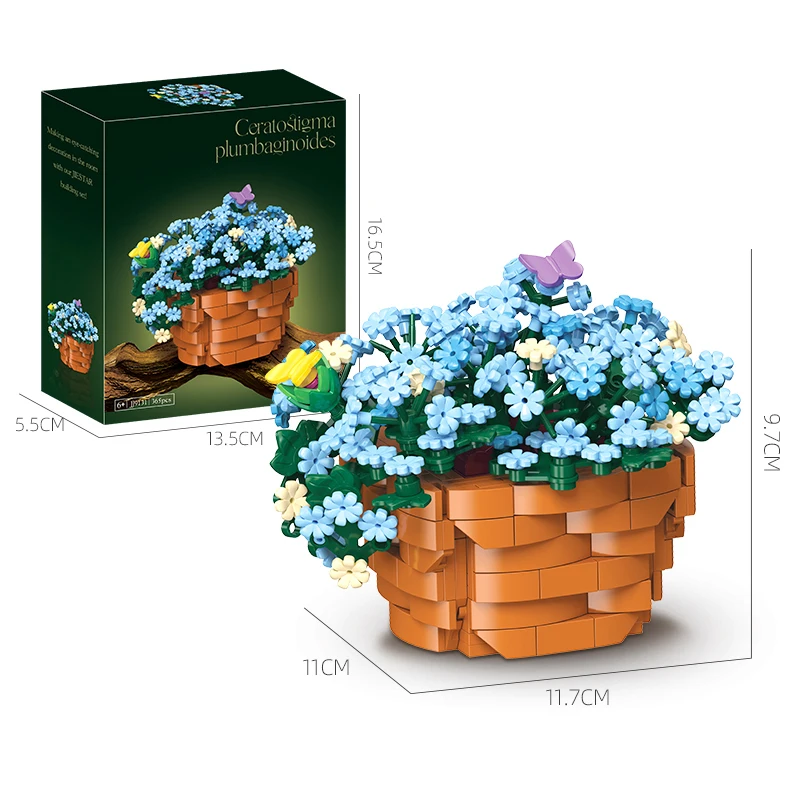 365PCS Blue Snow Flowers Building Blocks Preserved Potted Flowers Model Bricks Home Decoration Diy Toys For Kids Holiday Gifts