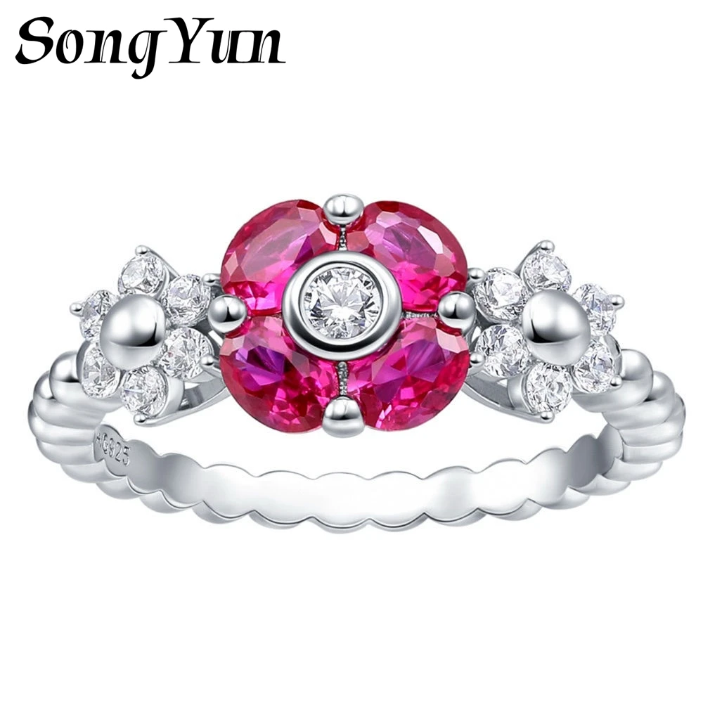 SONGYUN 925 Sterling Silver Rings High Carbon Gemstones Jewelry Red Corundum Ring Women Ring Band s925 Fine Jewelry