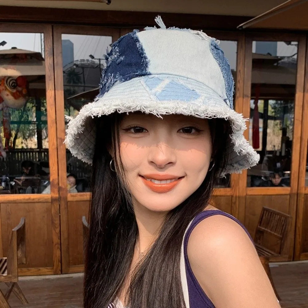 

Niche Japanese Denim Bucket Hat Patched Beggar Style Retro Fisherman Hat Splicing Bule Sun Protection Basin Cap Women