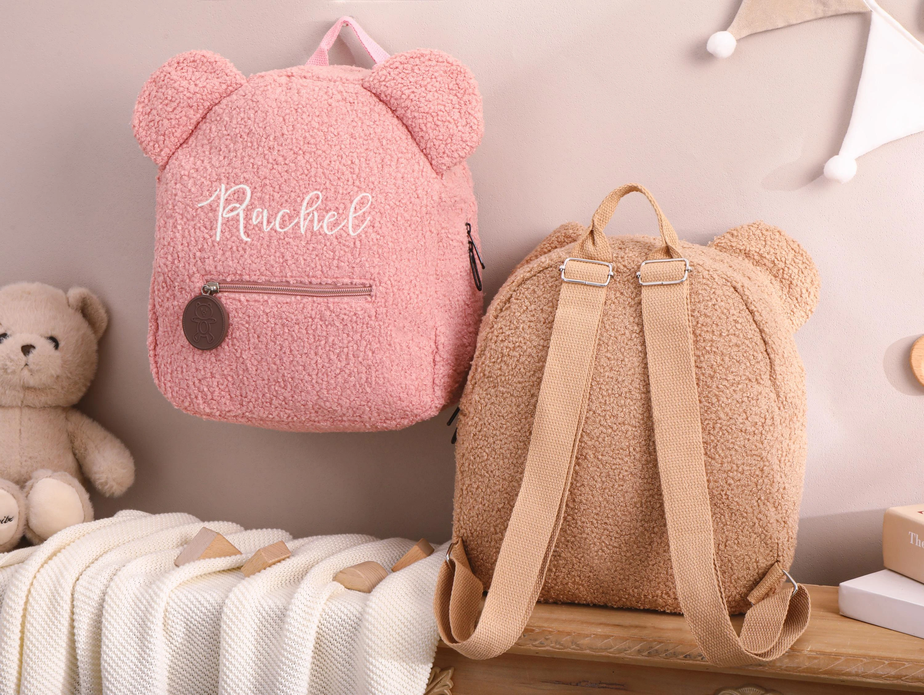 Embroidered Children Teddy Bear Backpack Custom Name Fluffy Teddy Bear Book Bag for Kids First Day of School Gift Back to School