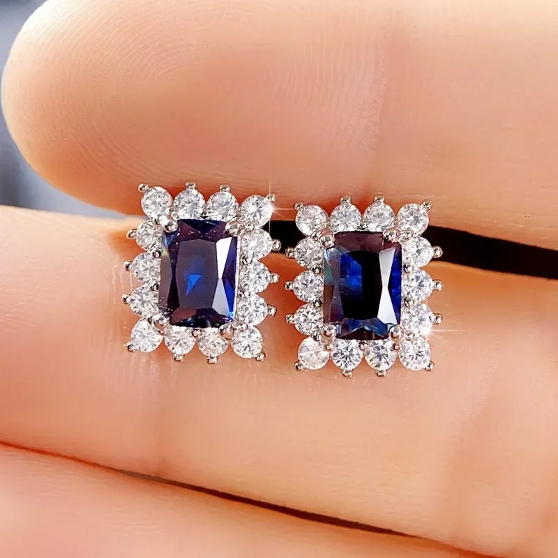 Noble Blue Cubic Zirconia Stud Earrings for Lady Ear Piercing Modern Fashion Design Eternity Women  Bulk Jewelry