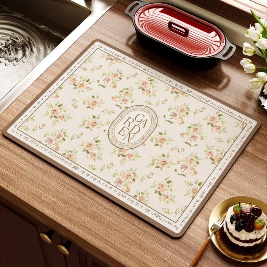 Vintage Floral Draining Mat super Absorbent Quick Dry Pad for Kitchen Counter Sink Non-Slip Heat Resistant Countertop Protector