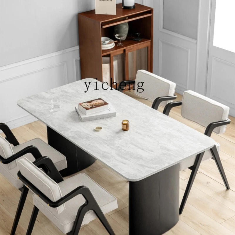 

ZC Dark White Dining Table Simple Ins Style Large Table Black Small Apartment Solid Wood Table and Chair Combination