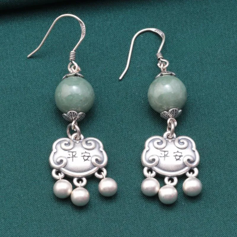 

925 Sterling Silver Jade Round Beads Long Earrings Vintage Ethnic Style Ruyi Lock Shape Hanging Earrings for Women Girls EH241