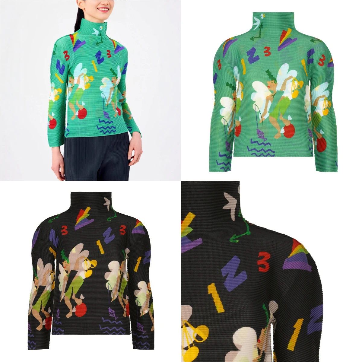 

Miyake плиссированный женский осенний топ с дизайнерским принтом, тонкий стиль, маленькая рубашка с высоким воротом, футболка с длинными рукавами для женщин