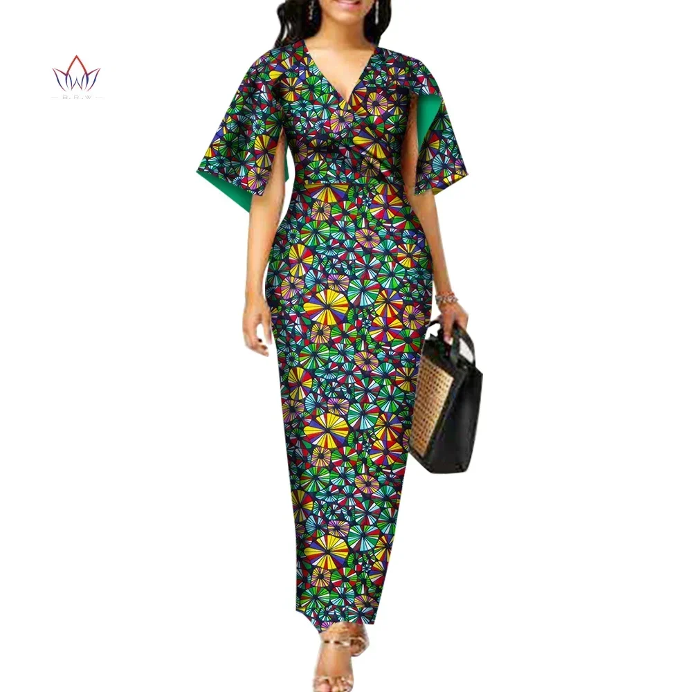 

Bintarealwax Fashion African Dresses for Women Dashiki Plus Size African Clothes Vestidos Deep V-Neck Party Dress WY3290