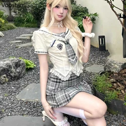 Preppy Style Kawaii Lolita 2 Piece Set Women Eleagnt Sailor Collar Blouses Tops Y2k Mini Plaid Skirts Suit Female Korean Outfits