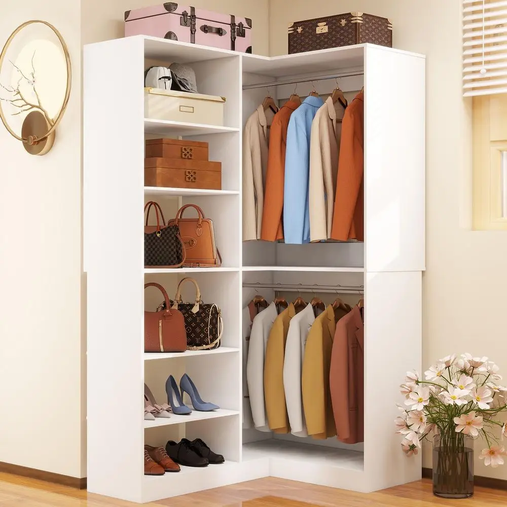 

Closet System, 39.4 31.5 L Shaped Closet Organizer Storage System with 3 Hanging Rods 6 Shelves Freestanding Walk in Closet Cor