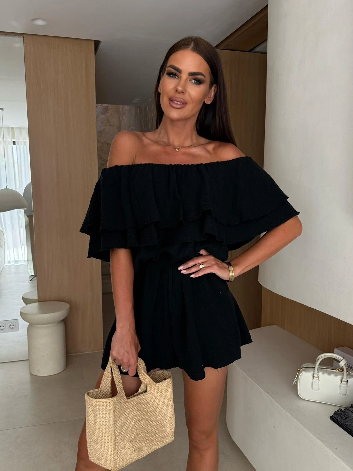 Women Off Shoulder Ruffled Layered Romper Textured Fabric Elastic Waist Short Sleeve Casual Summer Jumpsuit for Beach Vacation a