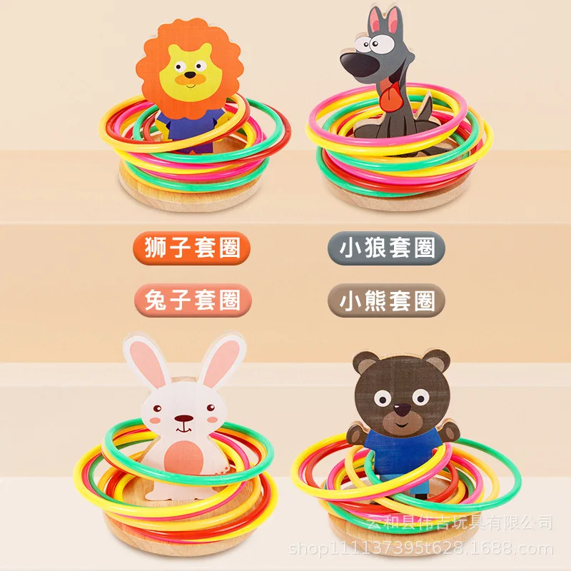 10 stks Plastic Ringen + Houten Dierenset Kids Ring Toss Booth Carnaval Tuin Buitensporten Speelgoed Gooien Snelheid Training Games